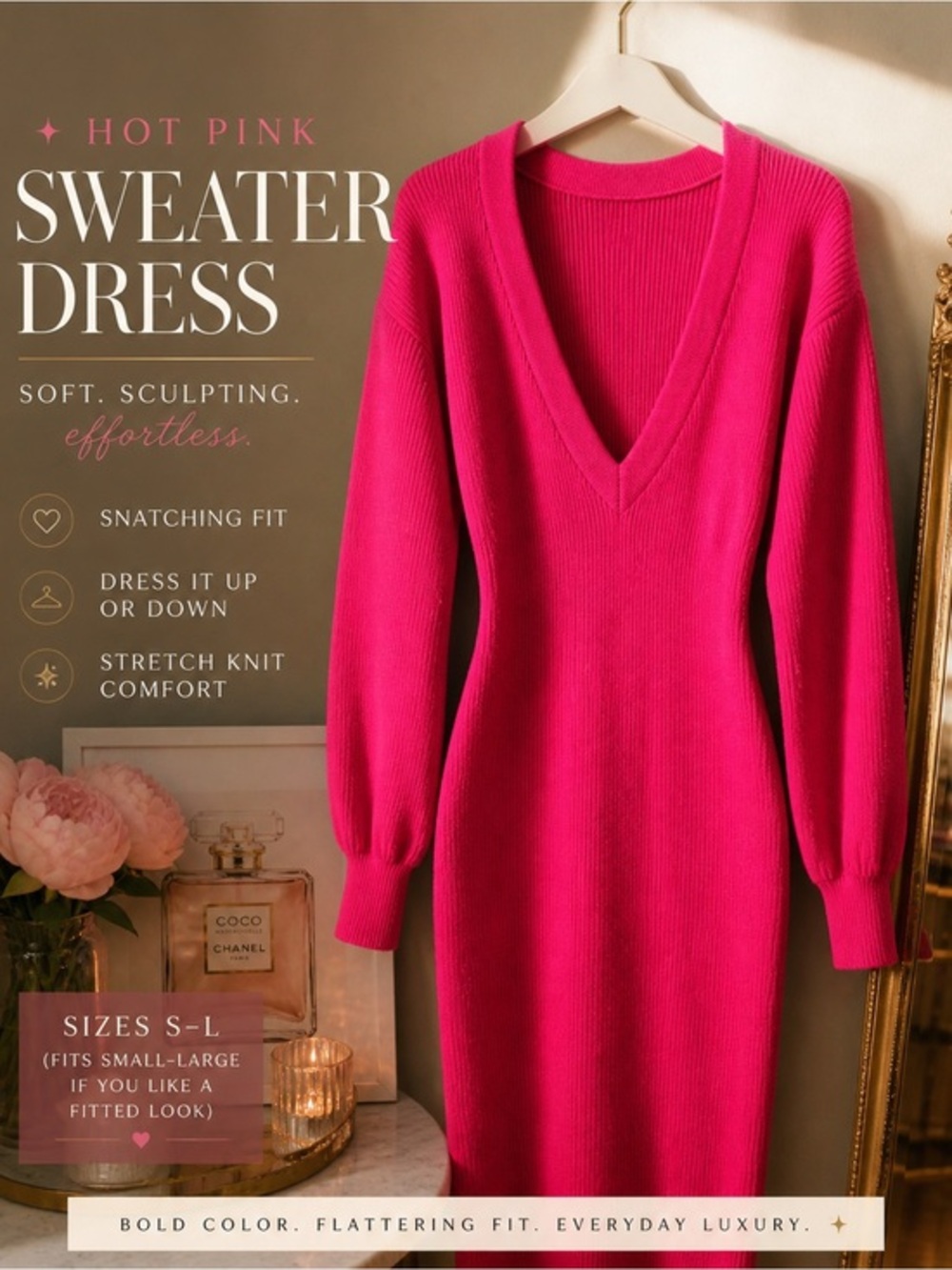 Hot Pink V-Neck Knit Sweater Dress | Sculpting Bodycon Fit ✨